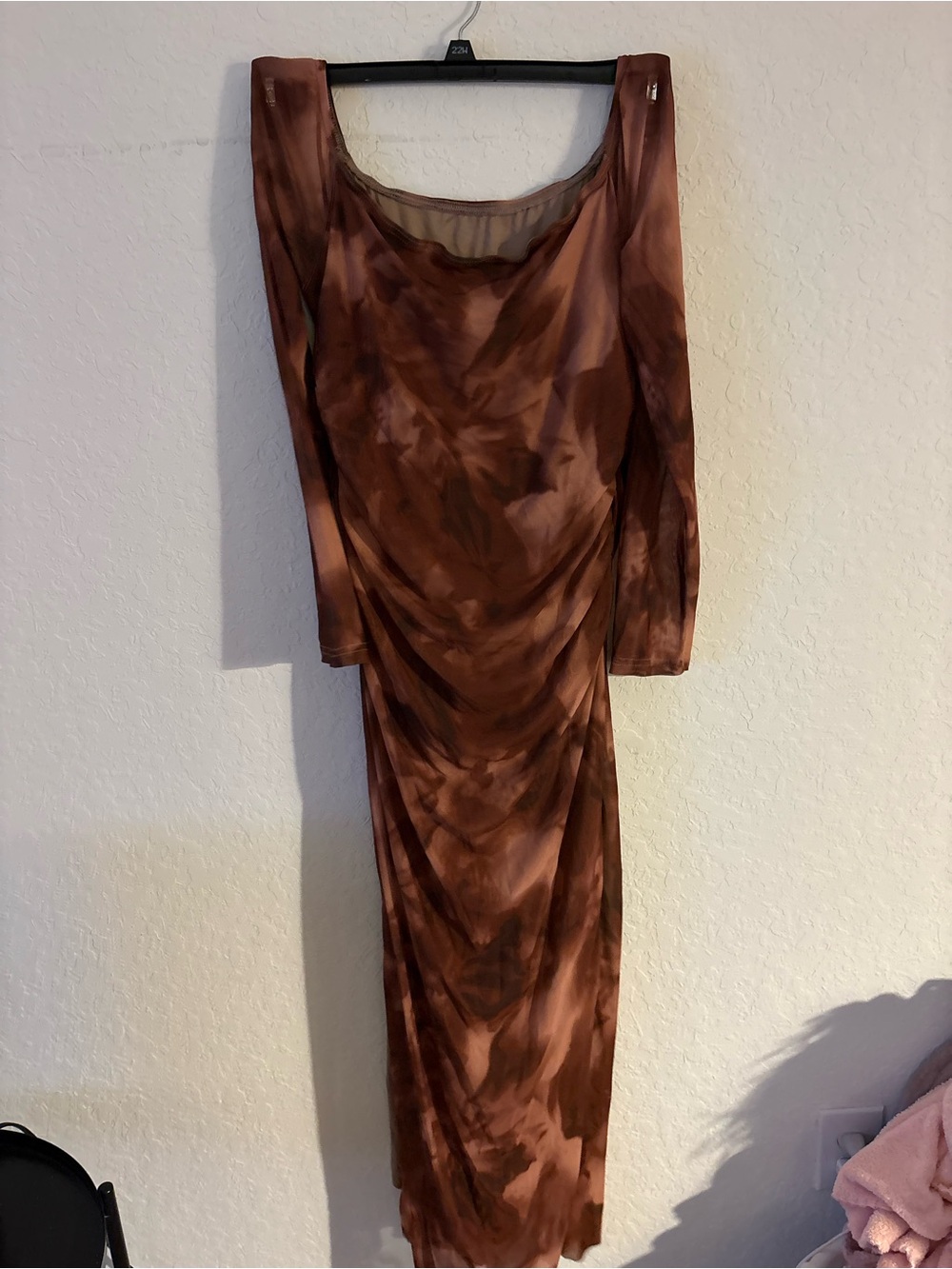 Long Sleeve Brown Tie-Dye Maxi Dress